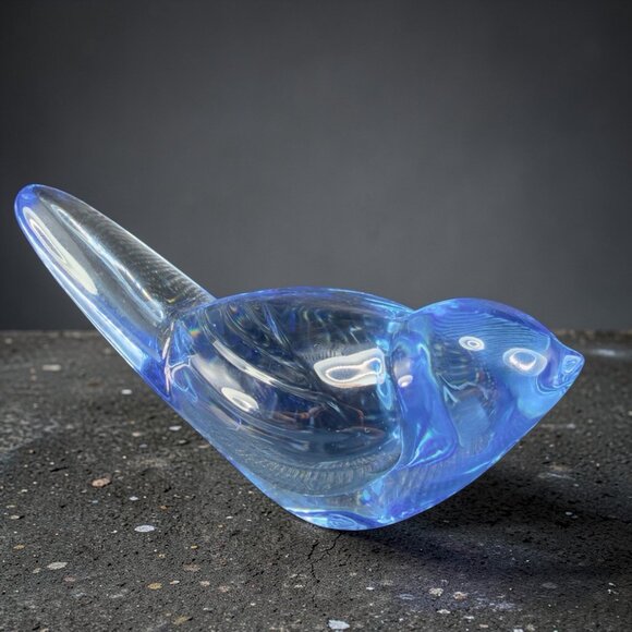 Baccarat France Blue Love Bird Figurine Signed Fine Crystal Glass Tail Up VTG